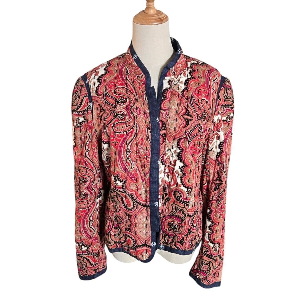 Anthropologie Red and Blue Lightweight Patterned Quilted Jacket